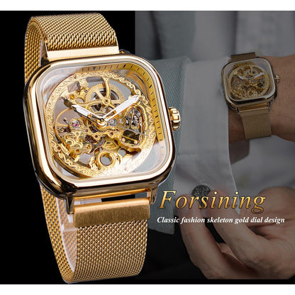 Forsining Golden Men Automatic Watch Square Skeleton Mesh Steel Band Mechanical image 3