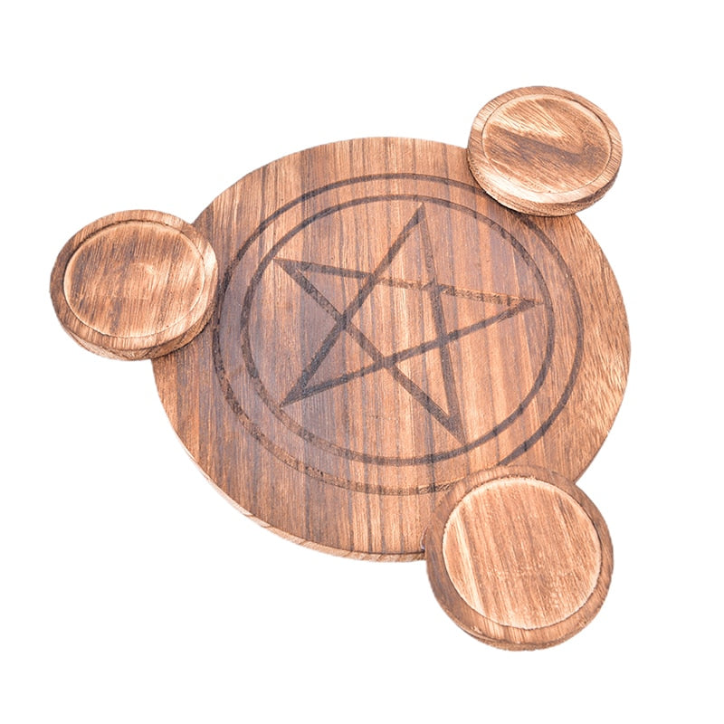 Astrology Pentagram wood Candlestick table Pentacle altar plate Triquetra woode image 0
