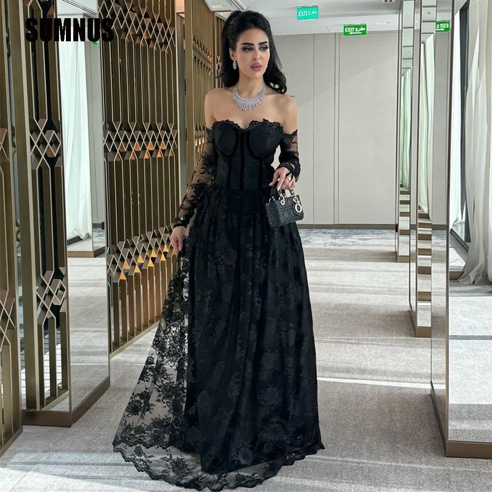 SUMNUS Gorgeous Black Lace Arabic Prom Gowns for Women Long A-Line Dubai Celebrity