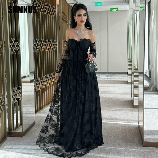 SUMNUS Gorgeous Black Lace Arabic Prom Gowns for Women Long A-Line Dubai Celebrity