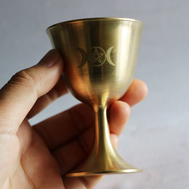 Ritual Cup Altar Goblet Wicca Gold Plating Brass Ceremony Moon Divination Astro image 3