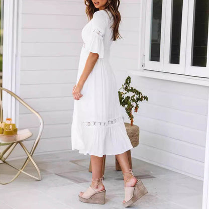 White Deep V Dress 2024 Summer Women Loose Casual Beach Wedding Party Vacation image 2