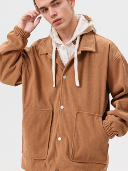Men Corduroy Hooded Jacket Autumn Winter Thickened Warm Faux Two-Piece Hoodie