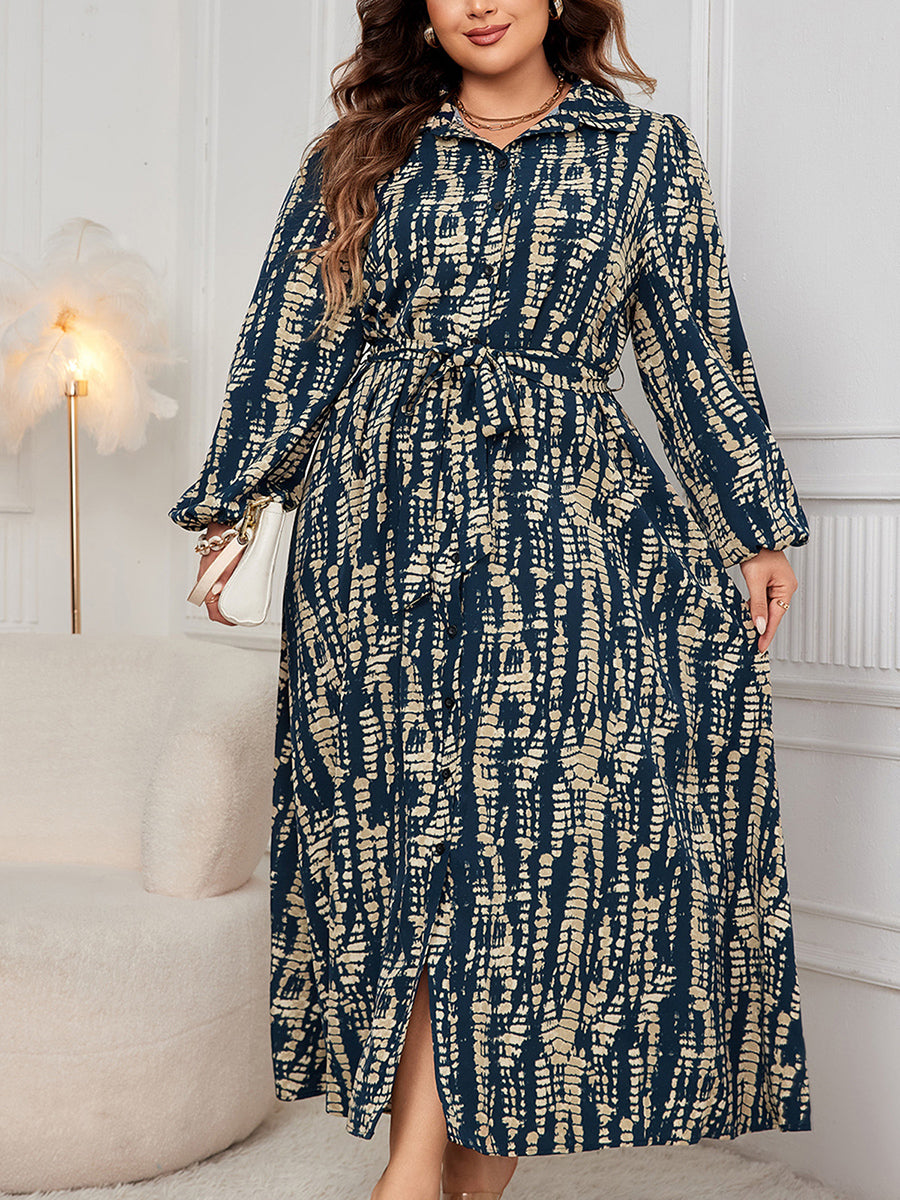 Women s Plus Size Floral Print V-Neck Long Sleeve Maxi Dress with Belt and Pock image 2