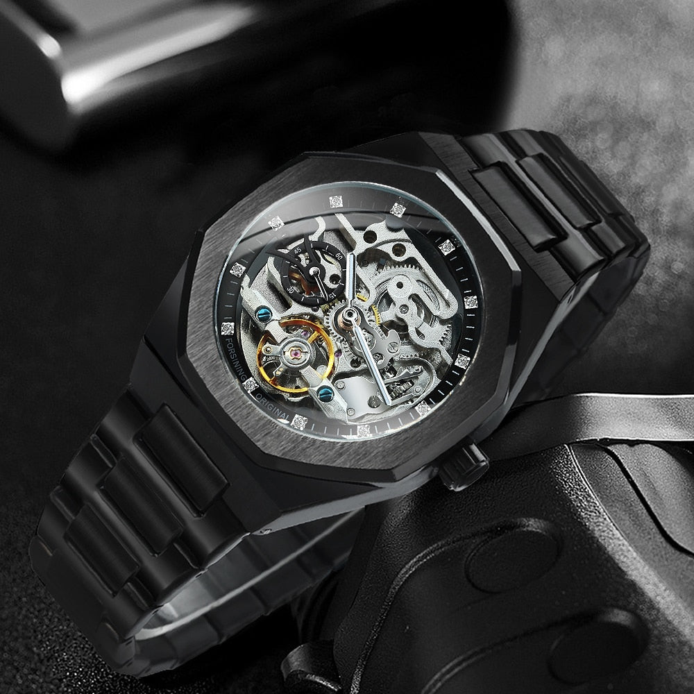 Forsining Black Automatic Watch 3D Diamond Dial Irregular Skeleton Mechanical W image 7