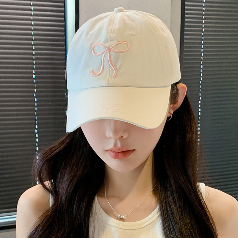 Sweet Bowknot Embroidery Baseball Hat For Women Solid Color Korean Girl Peaked image 3