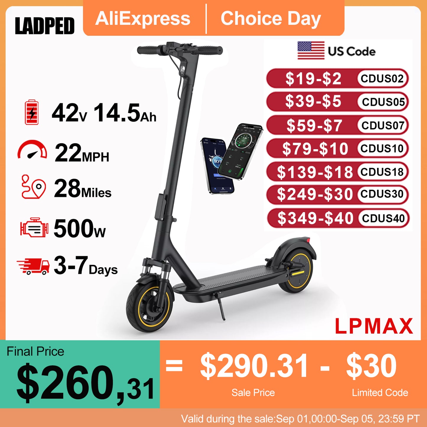 LADPED LPMAX 10" Solid tires Folding Electric Scooter 22MPH 500W 14.5AH 28Miles image 2