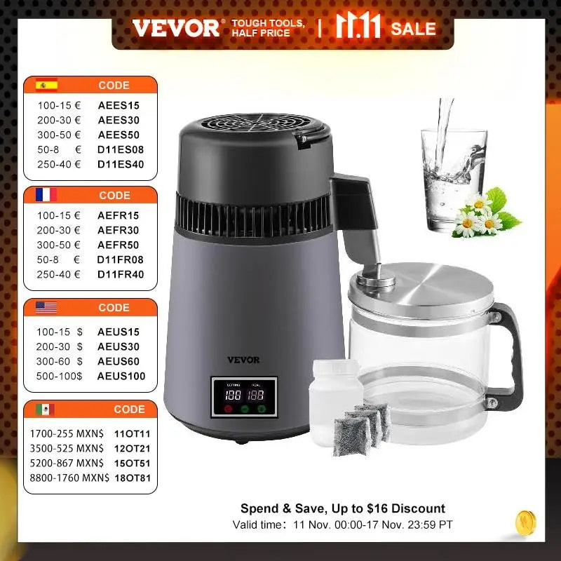 VEVOR 4L Pure Water Distiller Dental Distilled Water Filter Electric Distillati