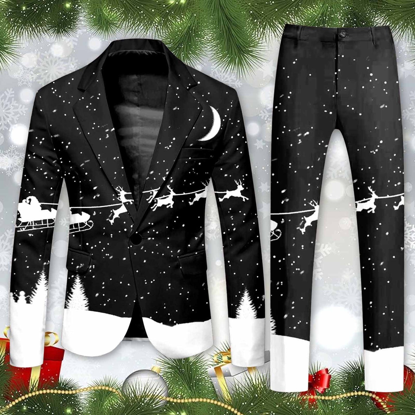Blazer Men's Christmas 2 Piece Suit Set Snowflake Print Suit Jacket And Pants S image 6