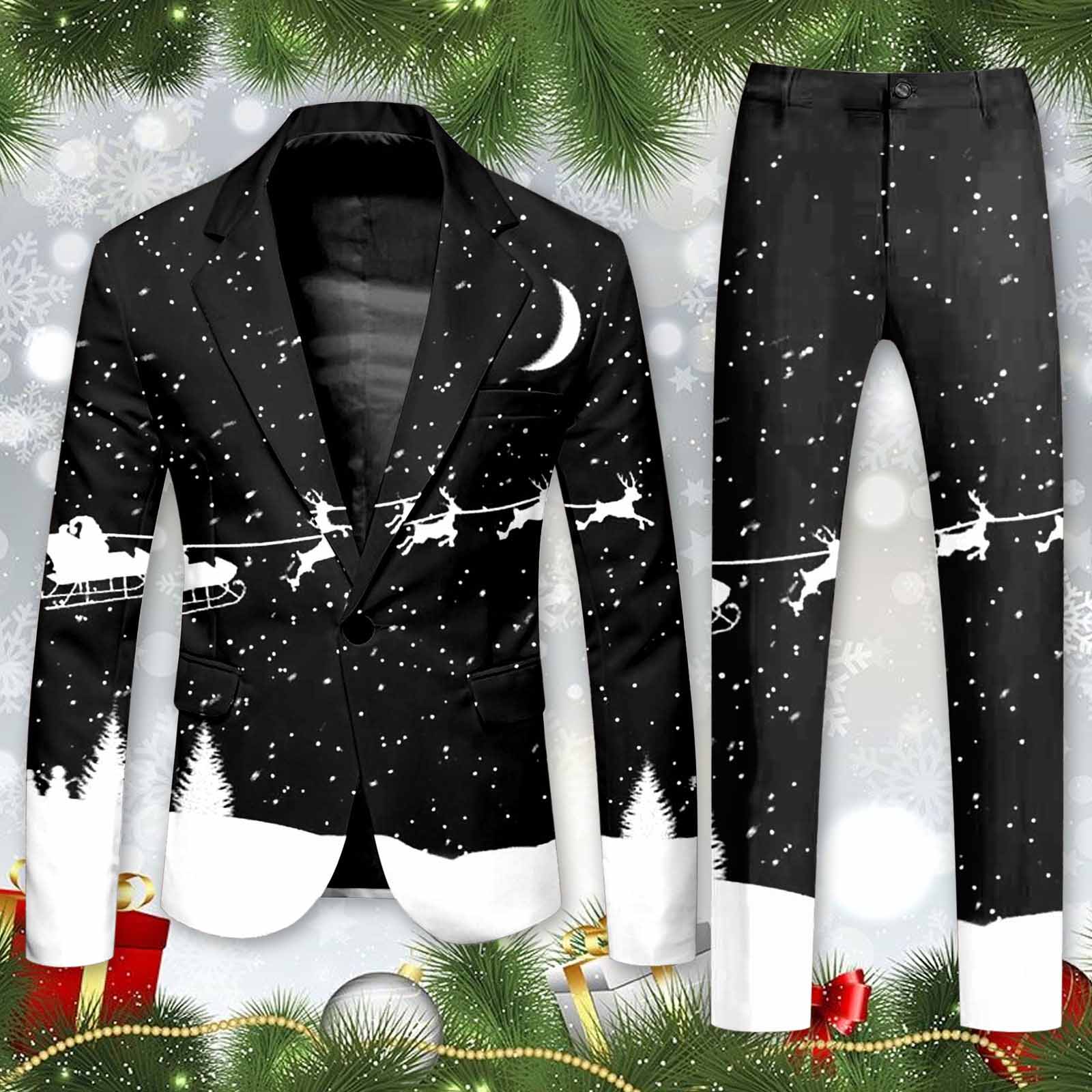 Blazer Men's Christmas 2 Piece Suit Set Snowflake Print Suit Jacket And Pants S image 6