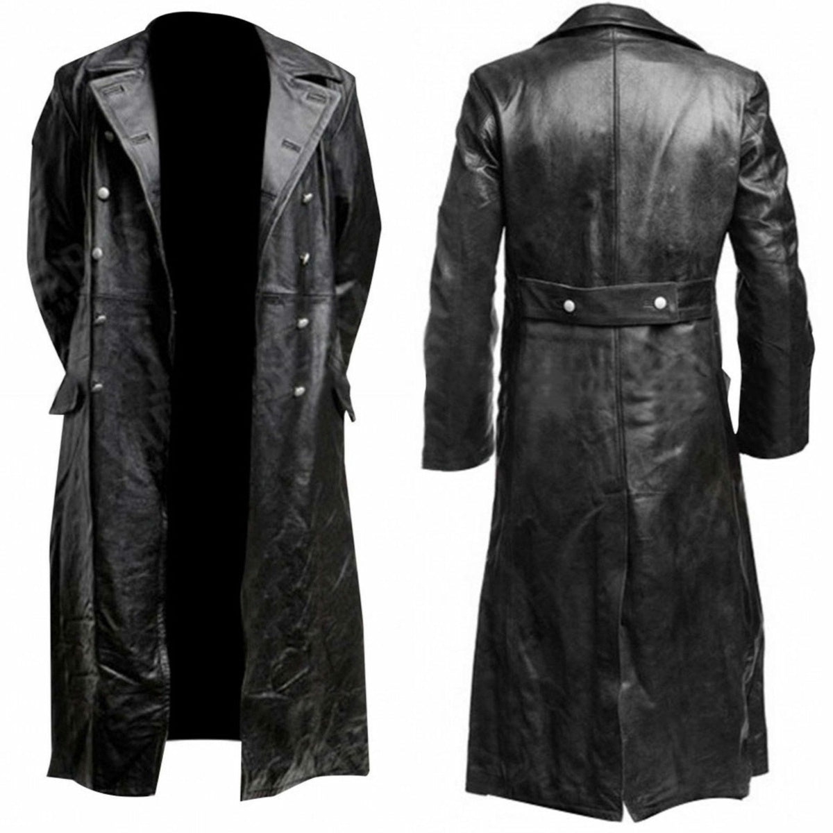 Men GERMAN CLASSIC WW2 MILITARY UNIFORM OFFICER BLACK LEATHER TRENCOAT
