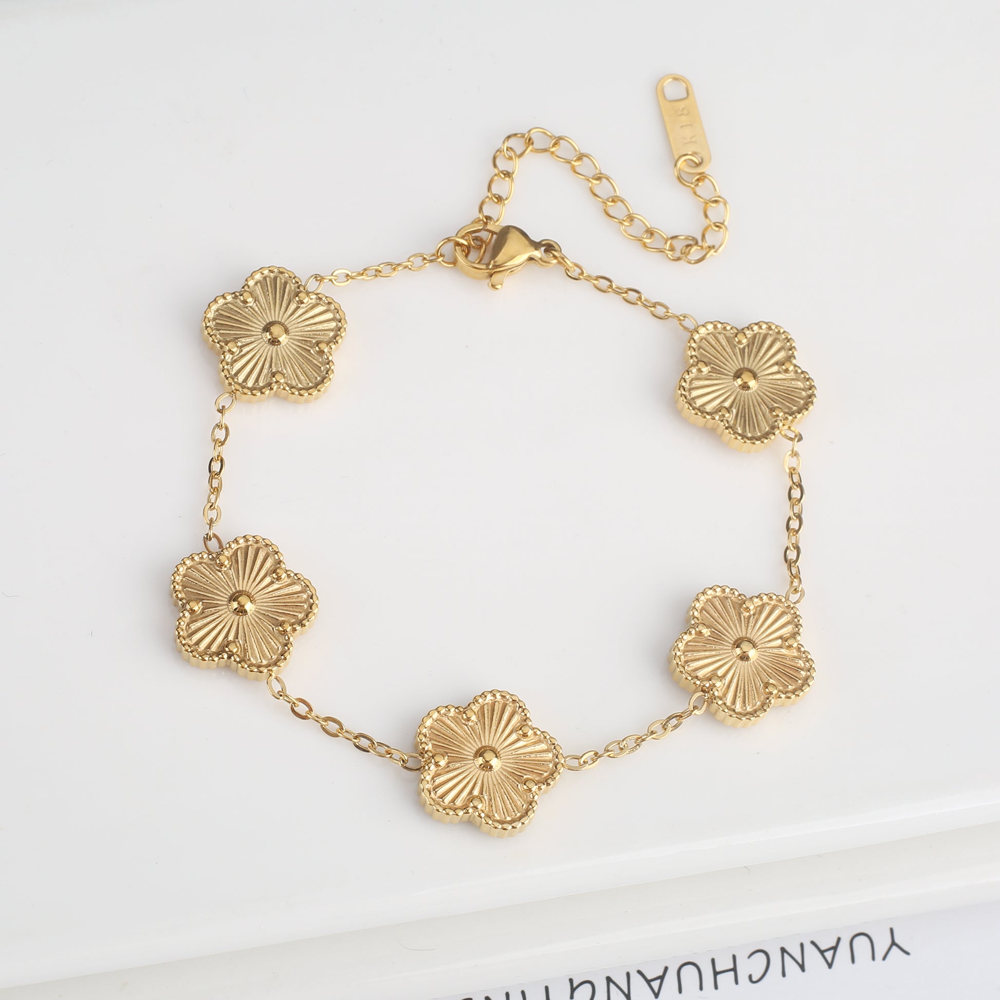 Gold Plated Hot Sale 316L Stainless Steel Plant Five Leaf Flower Bracelet Class image 7
