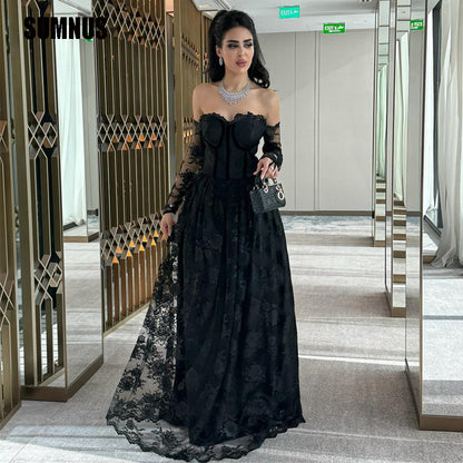 SUMNUS  Black Lace Arabic Prom Gowns for Women's Long A-Line Dubai Celebrity