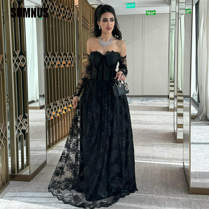 SUMNUS  Black Lace Arabic Prom Gowns for Women Long A-Line Dubai Celebrity