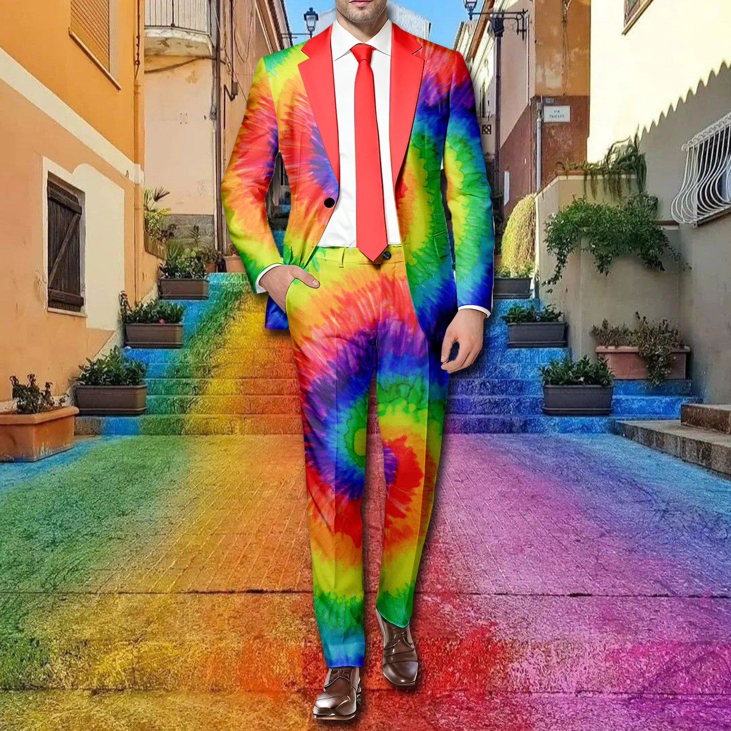 Rainbow Color Printed Men Suit 2 Piece Set Long Sleeve Blazer Coat And Pants Su image 2
