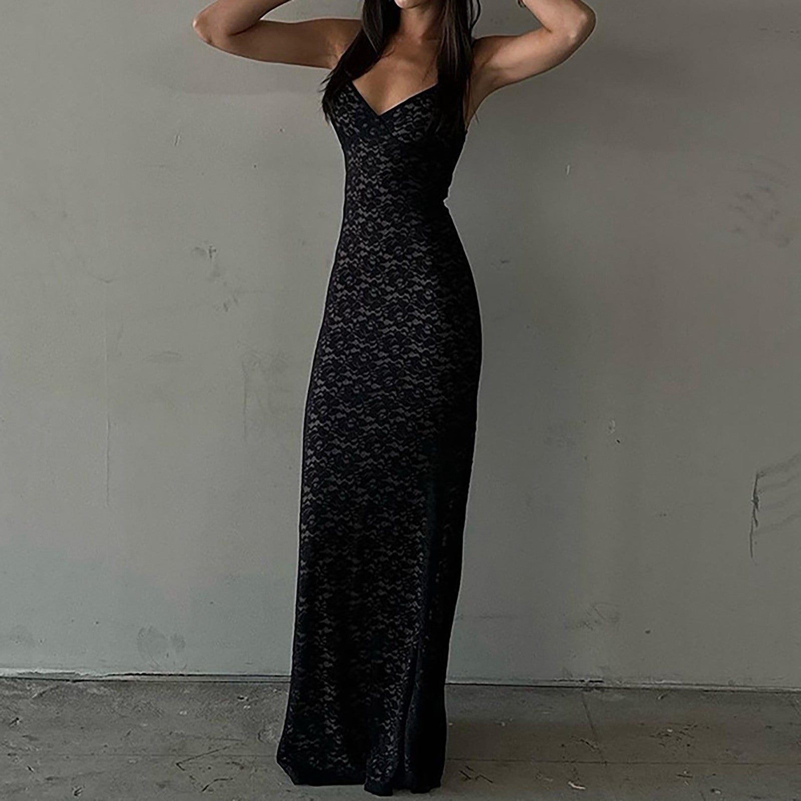 Spaghetti Strap Lace Dress Low Cut Slim Fit Long Robe Formal Evening Pa