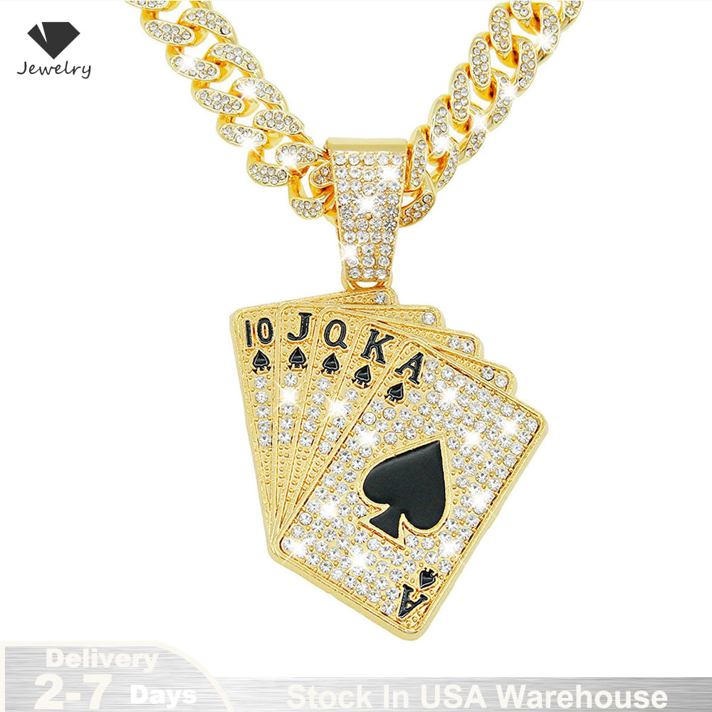 18K Gold Plated Hip-Hop Iced Out Spades Playing Card Necklace Men's Personalize image 1