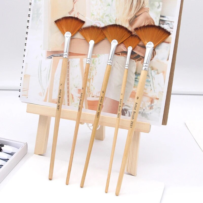 5Pcs/Set Creative Fan Shap Gouache Painting Pen High Quality Nylon Hair Wooden image 3