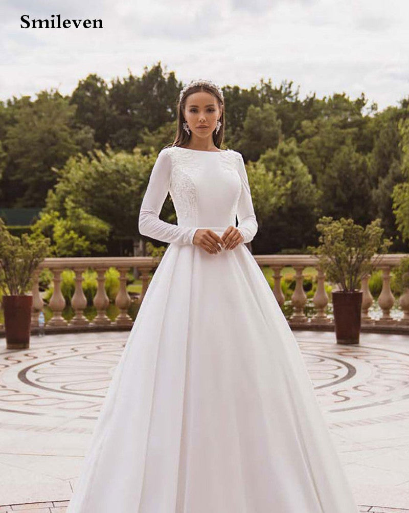 Smileven Elegant Satin Wedding Dresses Long Sleeve Lace Bride Gown Muslim Weddi image 5