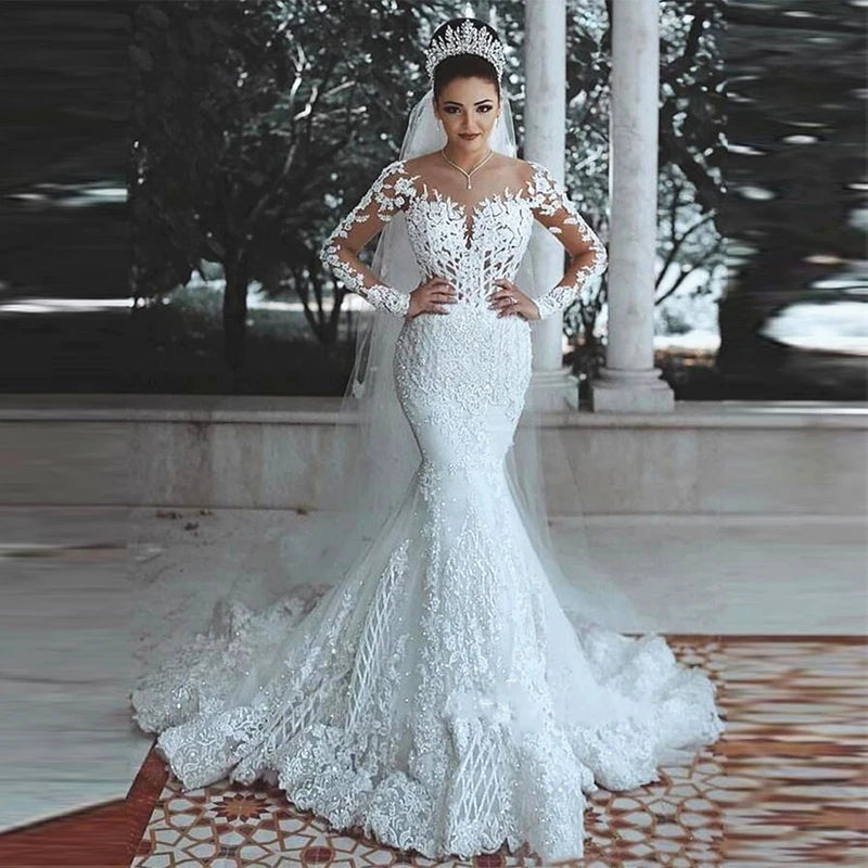 Muslim Shiny Lace Bridal Gowns Mermaid Luxury Women's Fashion Illusion Decal Lo image 1
