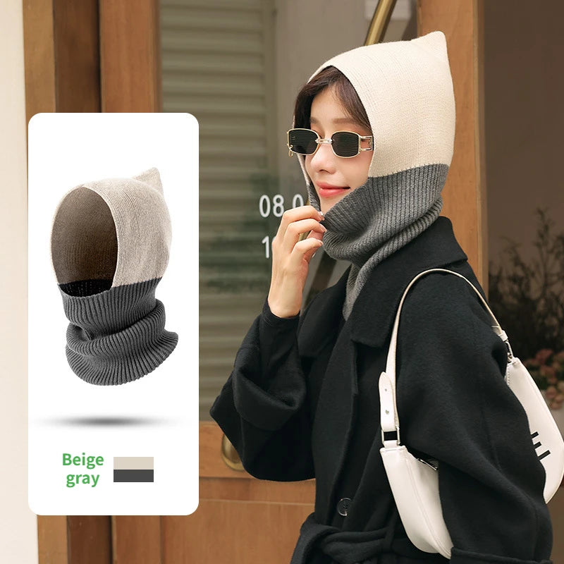 Winter Women Men's Knitted Cotton Hat Scarf Color Matching Two-color Balaclava image 0
