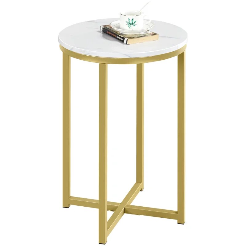 Wooden Top Round Faux Marble Side Table Sturdy Metal Legs Mustard Gold image 0