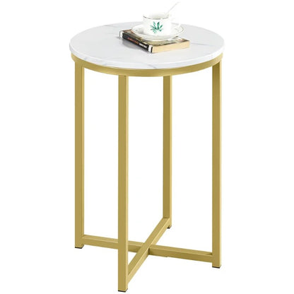 Wooden Top Round Faux Marble Side Table Sturdy Metal Legs Mustard Gold image 0