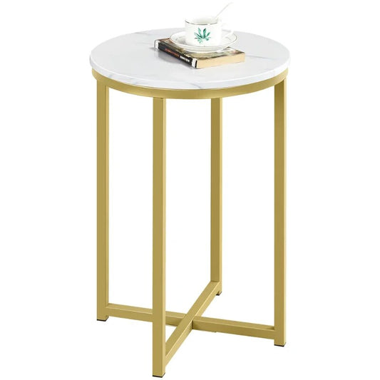 Wooden Top Round Faux Marble Side Table Sturdy Metal Legs Mustard Gold image 0