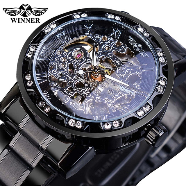 Winner Fashion Watches Classic Rhinestone Clock Roman Analog Male Skeleton Cloc image 2