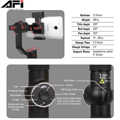 AFI V5 Stabilizer For Phone Gimbal Selfie Sticks 3-Axis Handheld Smartphone Sta image 7