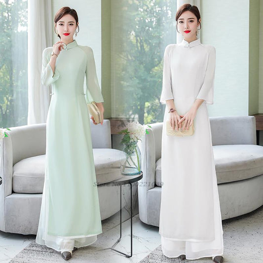 2024 vietnam aodai chinese traditional cheongsam dress+pants set national ao da