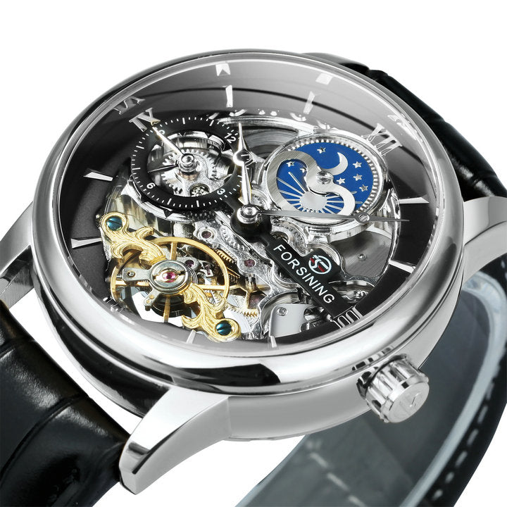 Forsining Luxury Skeleton Mechanical Watches for Men Dual Time Zone Tourbillion image 5