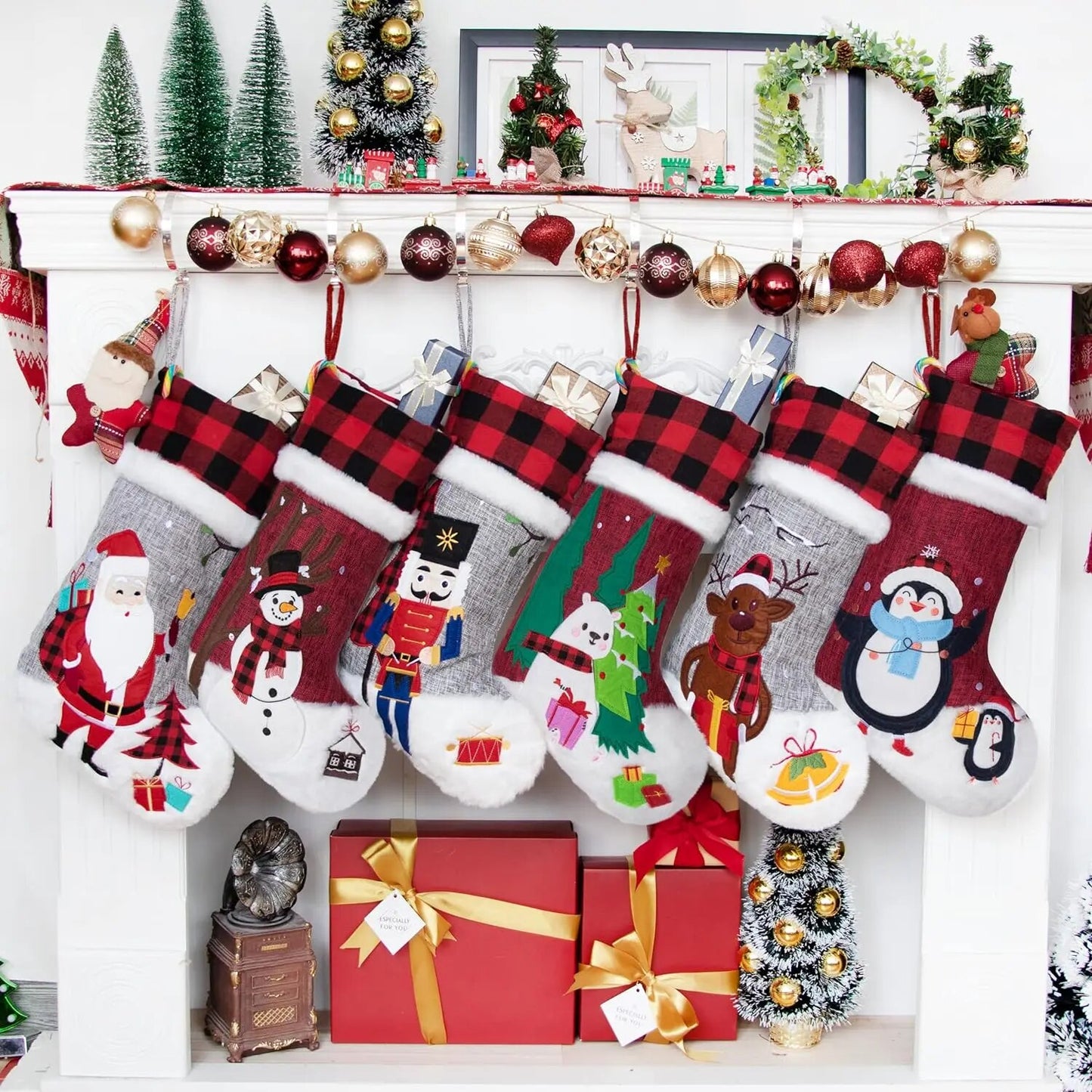 Set of 6 Christmas Stockings Gray Burlap Buffalo Red Plaid Soft Faux Fur 20 Inc image 2