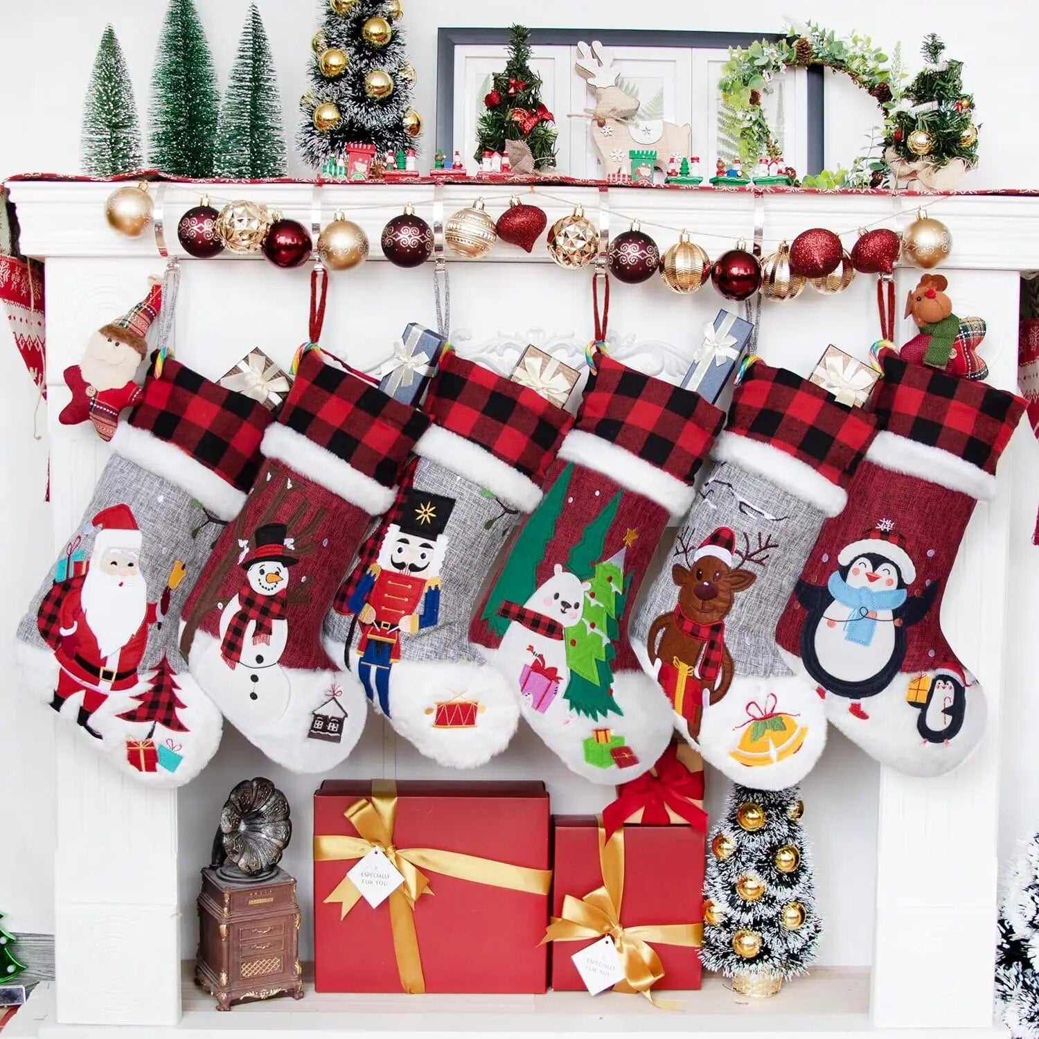 Set of 6 Christmas Stockings Gray Burlap Buffalo Red Plaid Soft Faux Fur 20 Inc image 2