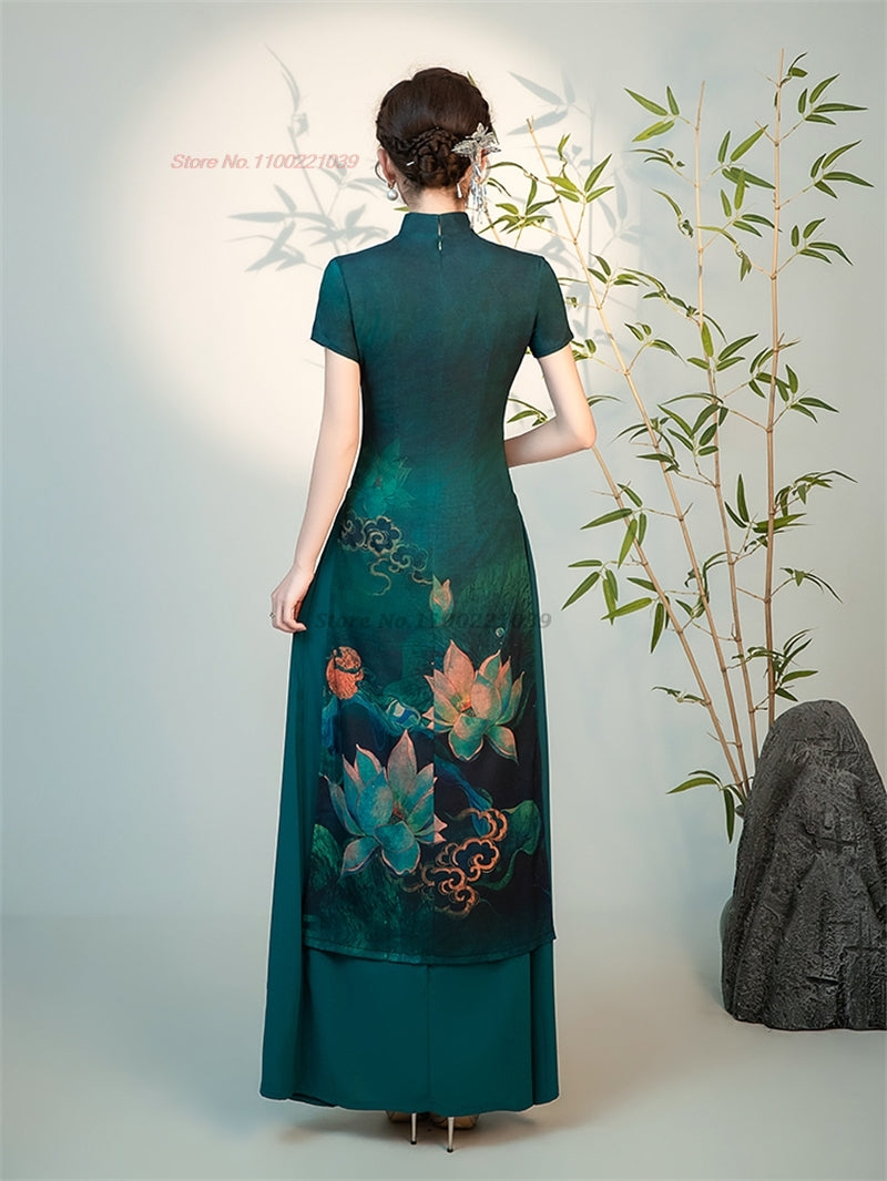 2024 vietnam traditional ao dai dress national flower print improved cheongsam