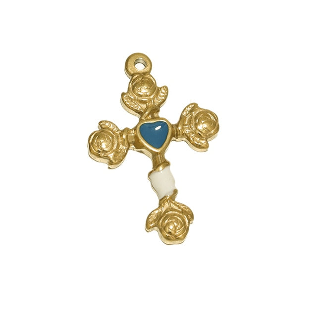 5pcs Stainless Steel Gold Color Plated Enamel Flower Cross Charms Findings Wome image 3