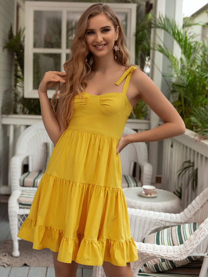 Angel-fashions Women's Strapless Tie Shoulder Ruffle Hem A-Line Short Cami Cock image 6