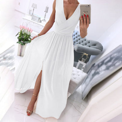 Women Dresses Summer Pleated  V Neck Sleeveless Side Slit Long Maxi Casual Ch image 8