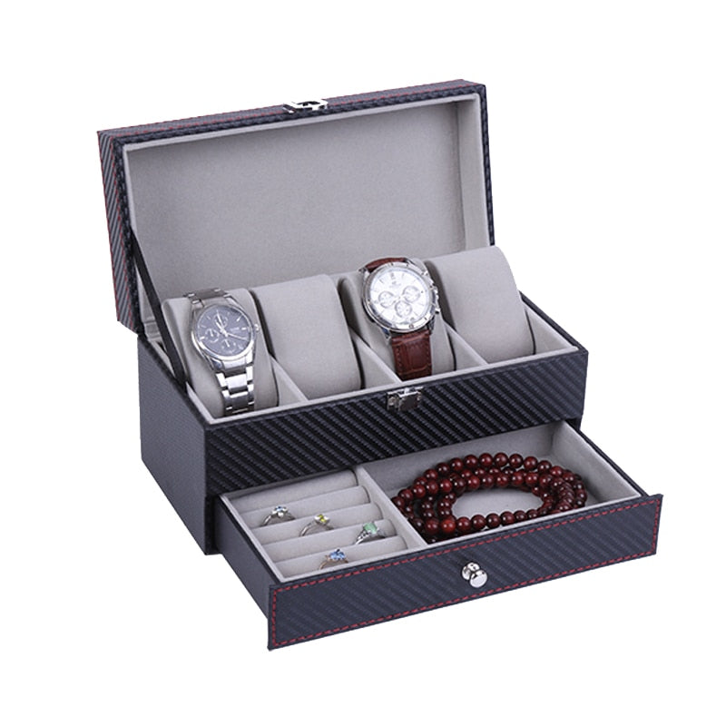 4Grids Double Carbon Fiber Watch Case/ 6Girds Watch Box Holder Organizer Storag image 16