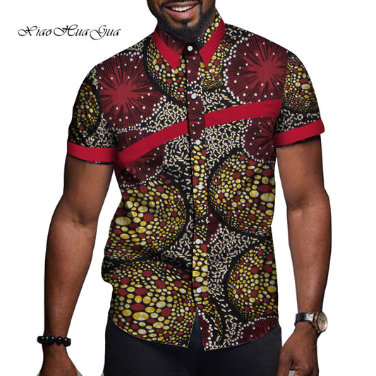 African Men Clothes Bazin Riche Print Causal Party Menhort Sleeve Tops Tees S