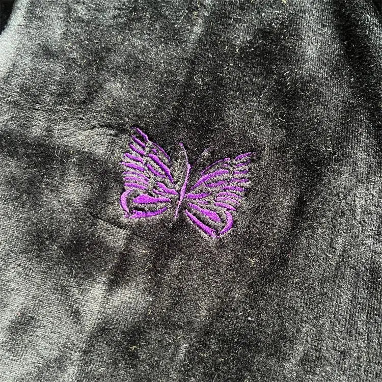 2023NOW  Japanese Retro Side Striped Velvet Embroidered Butterfly Zipper Jacket image 5