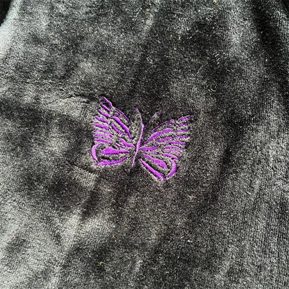 2023NOW  Japanese Retro Side Striped Velvet Embroidered Butterfly Zipper Jacket image 5