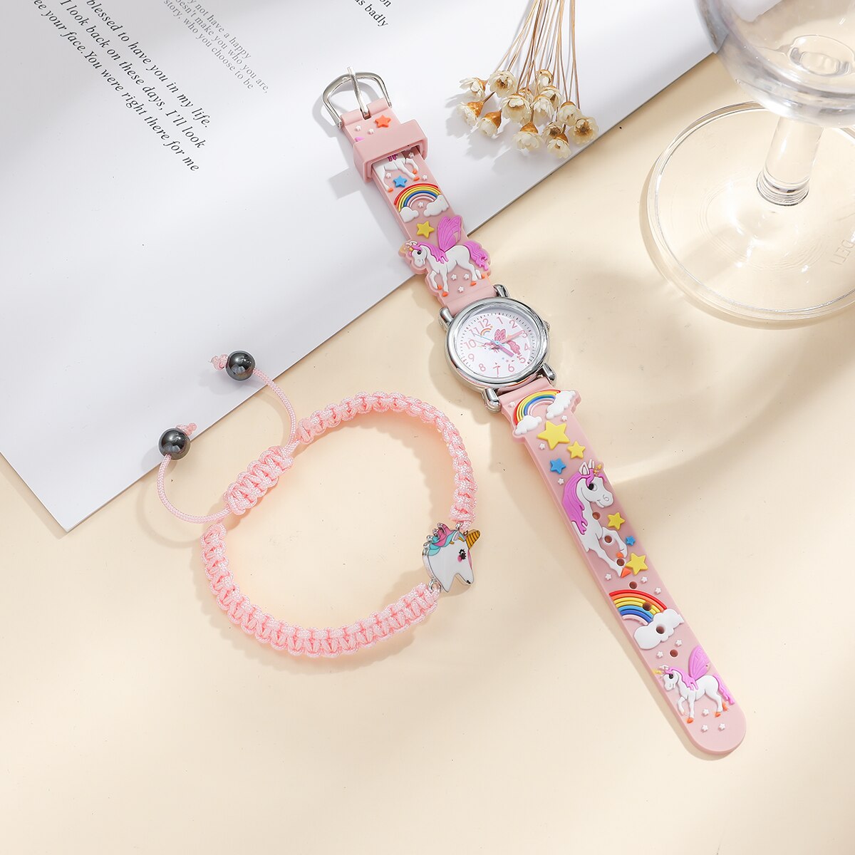 Kids Pink Cute Childrens Wristwatch Cartoon Pattern Quartz Watch Set For Girls  image 4