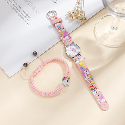Kids Pink Cute Childrens Wristwatch Cartoon Pattern Quartz Watch Set For Girls  image 4