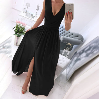 Women's Dresses Summer Pleated  V Neck Sleeveless Side Slit Long Maxi Casual Ch