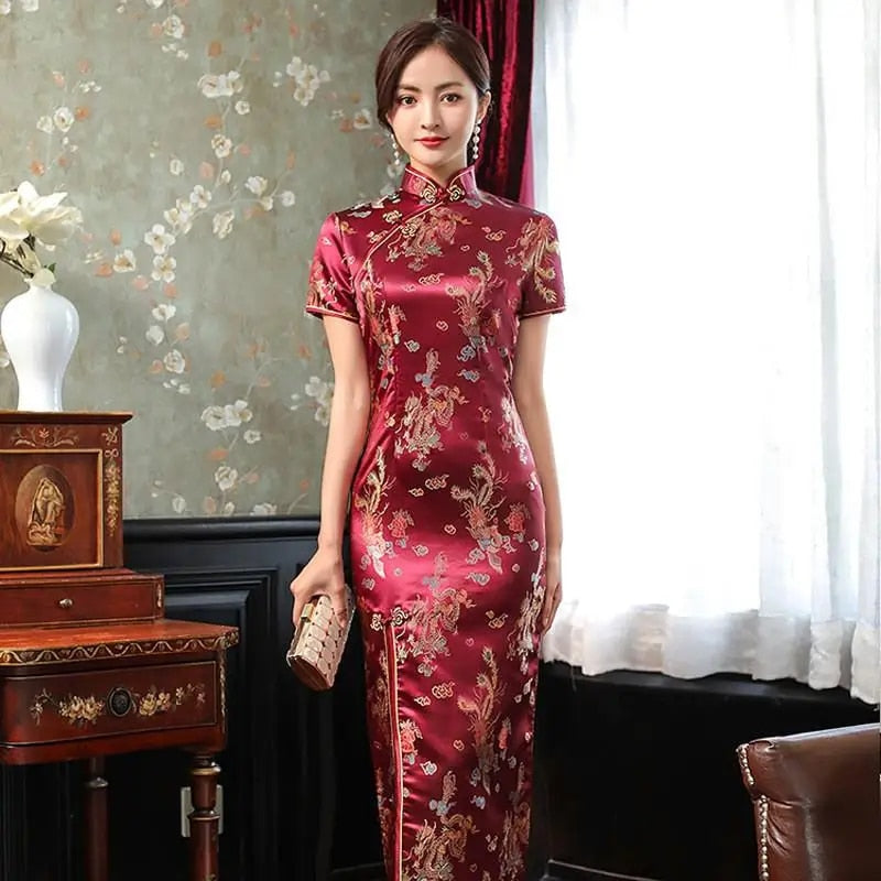 Elegant New Brocade Satin Long Fork Cheongsam Chinese Classic Women Qipao Sho