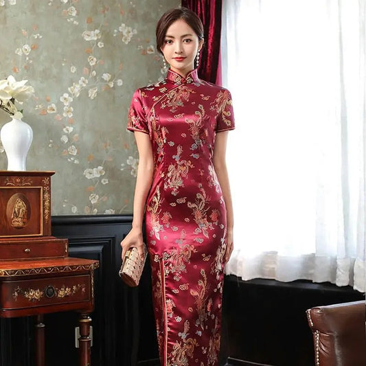 Elegant New Brocade Satin Long Fork Cheongsam Chinese Classic Women Qipao Sho