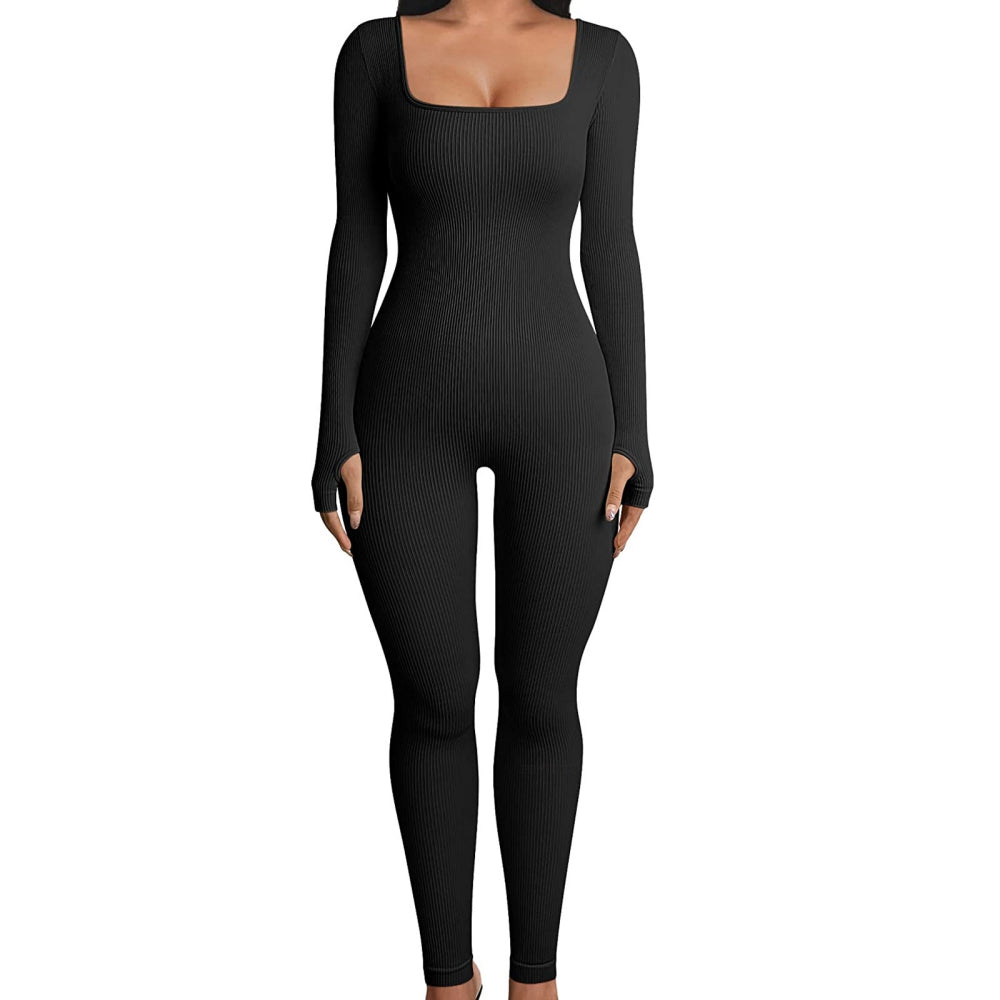 Women's One-Piece Ribbed Square Collar Yoga Sports Jumpsuit Solid Color Long Sl image 7
