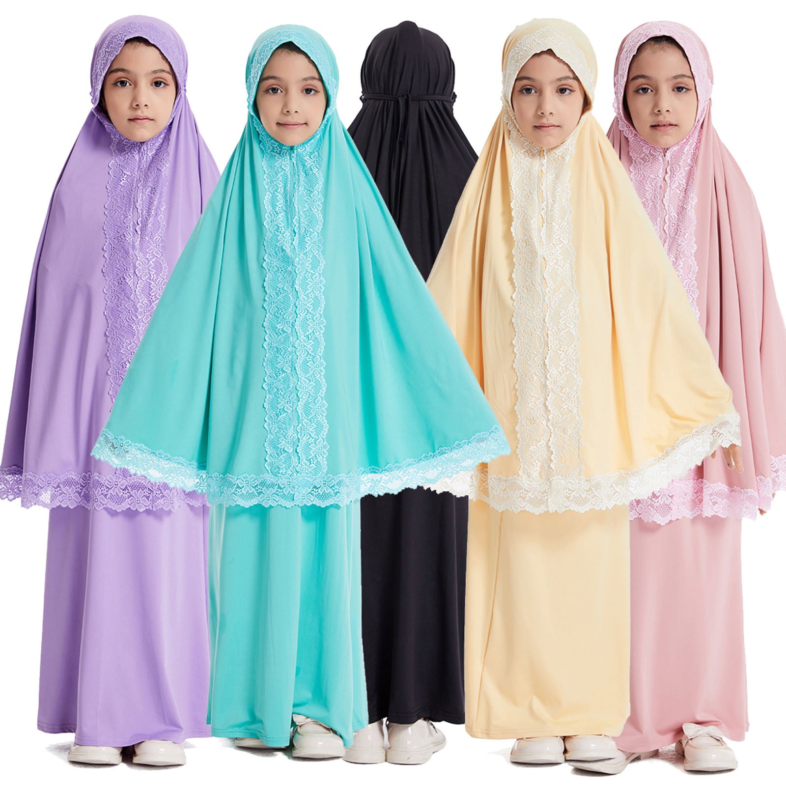 2 Piece Set Prayer Garment Lace Dress Robe Muslim Kids Girls Abaya Gowns Overhe image 2