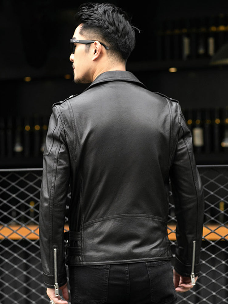 Spring Autumn Short Cool Black Leather Biker Jacket Men Zipper Long Sleeve Belt